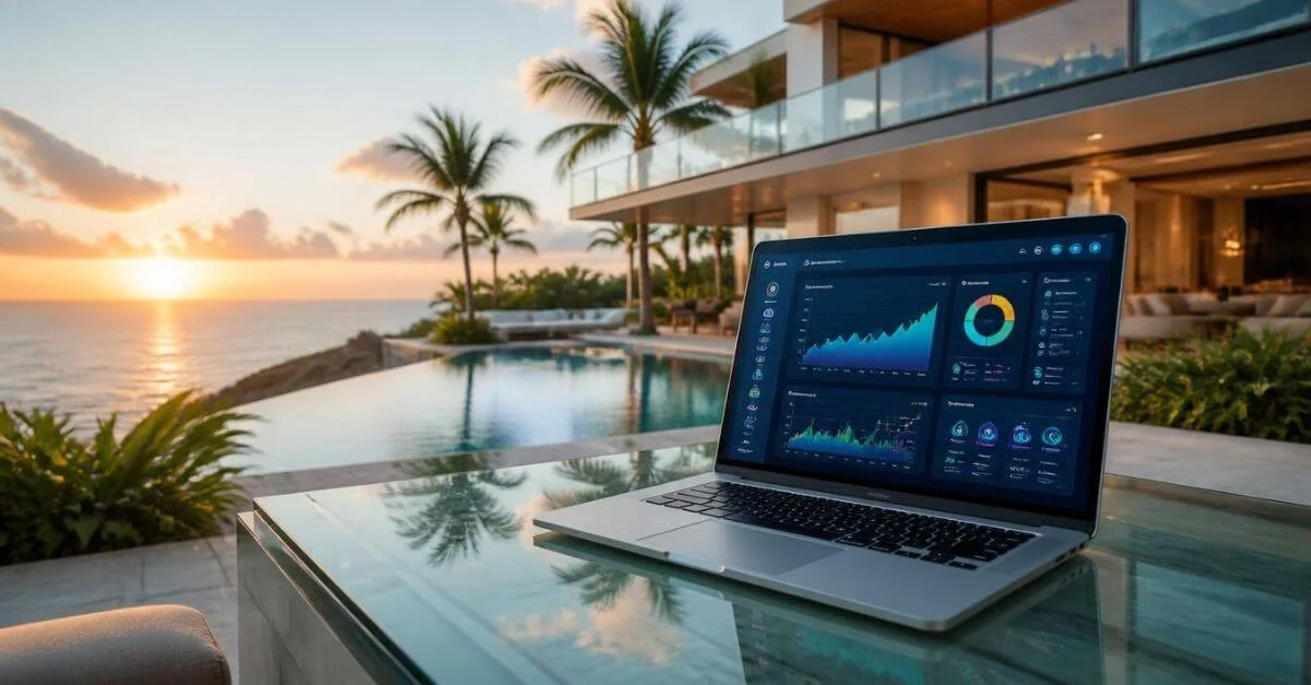 Timeshare maintenance cost calculator dashboard displayed in front of a luxury beachfront resort, illustrating average annual maintenance fees and long-term ownership costs in 2026.
