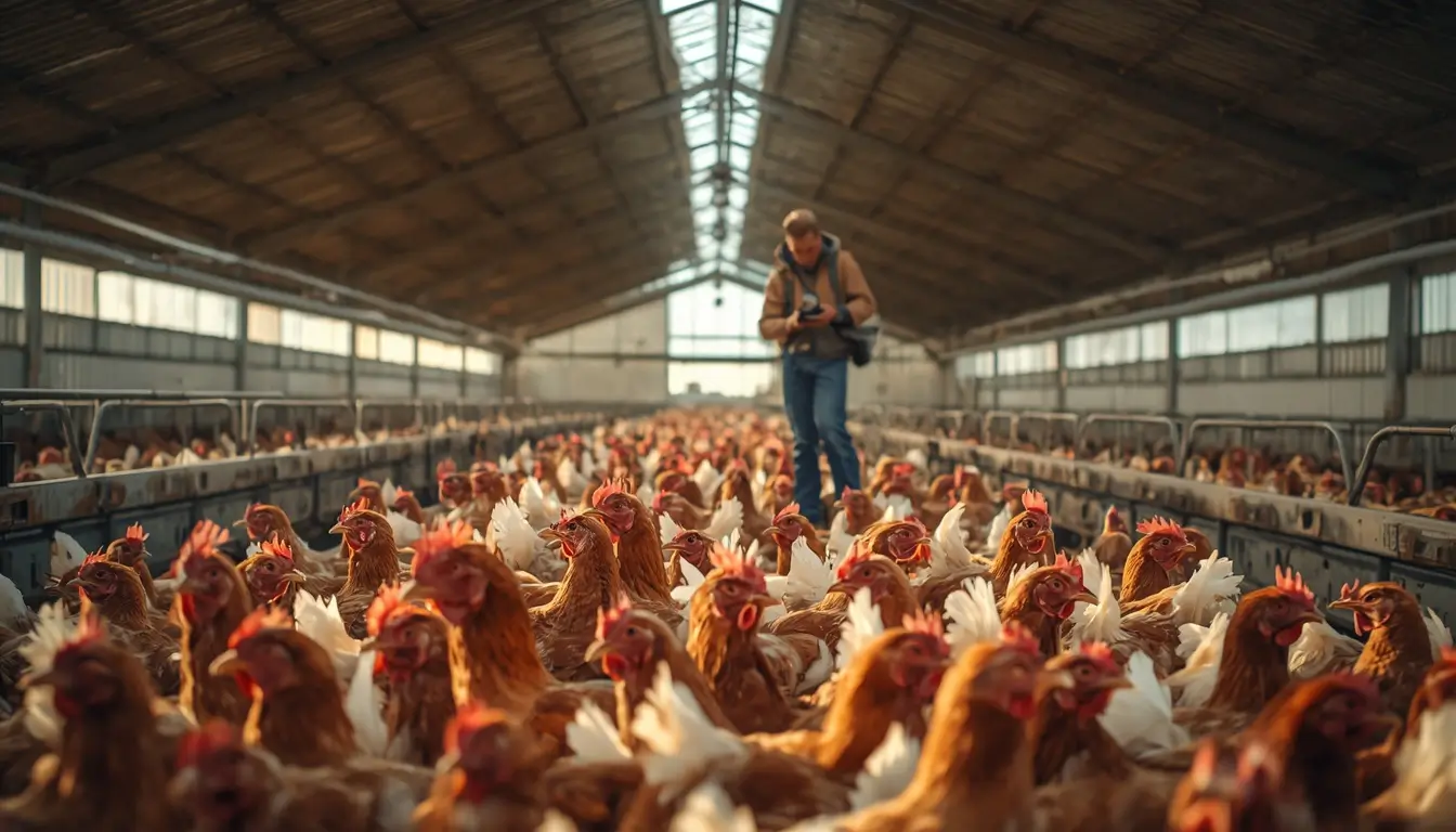 Modern poultry farm with healthy broiler chickens and farmer managing the flock