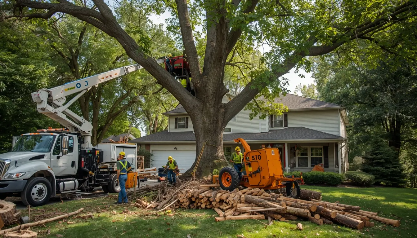 Professional tree removal crew removing a large tree in a suburban yard